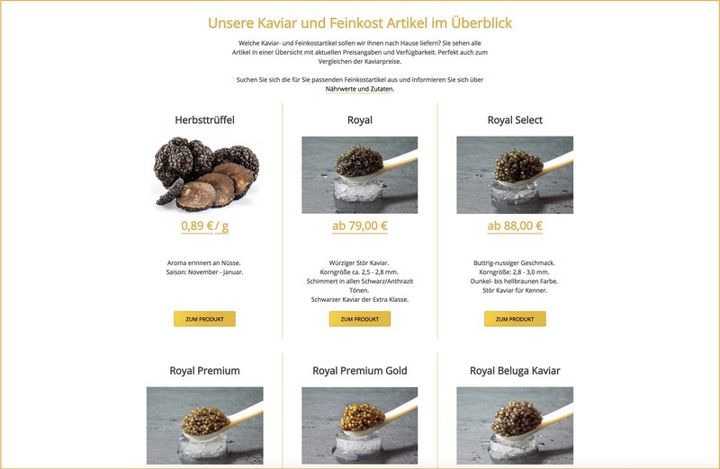 Royal Caviar Website Artikel Seite
