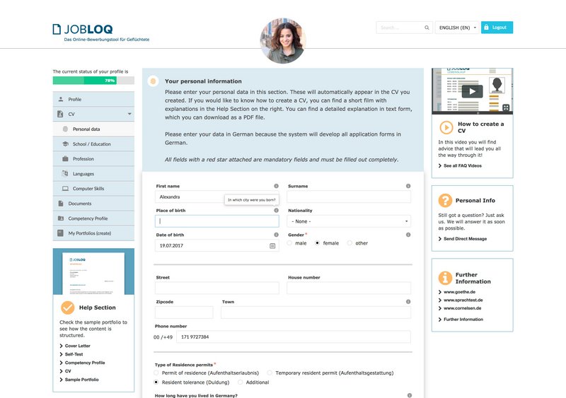 Jobloq Website Formular für persönliche Daten