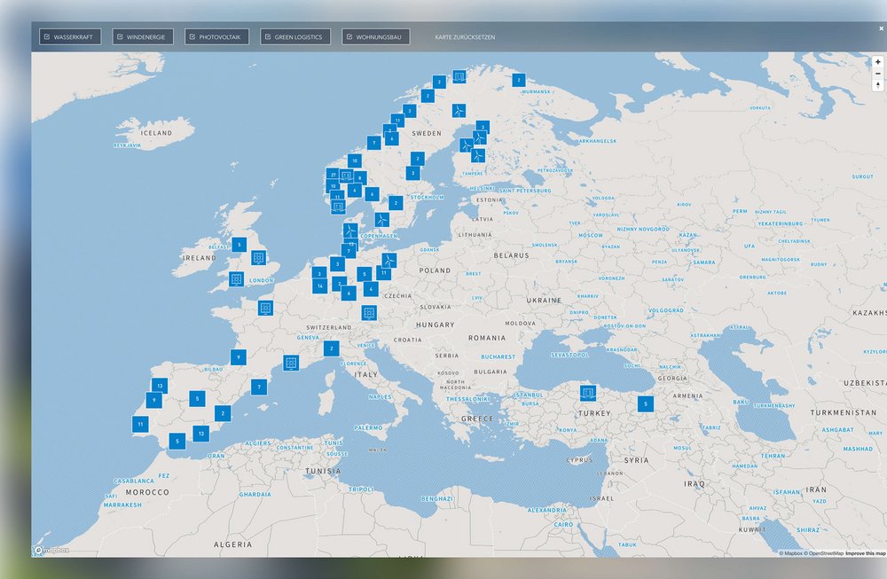 Aquila Capital Website Europa Karte mit Markierung der Standorte