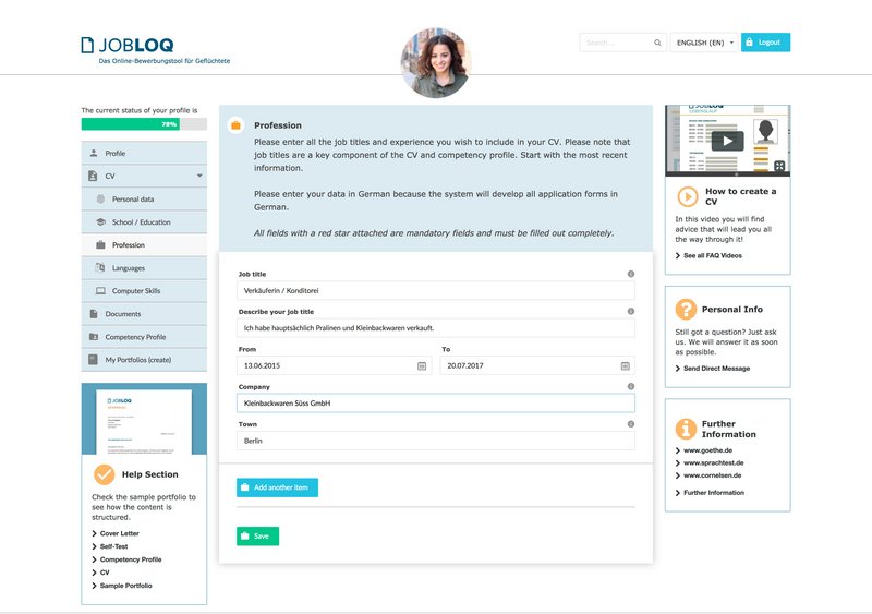 Jobloq Website Formular für berufliche Kompetenzen 