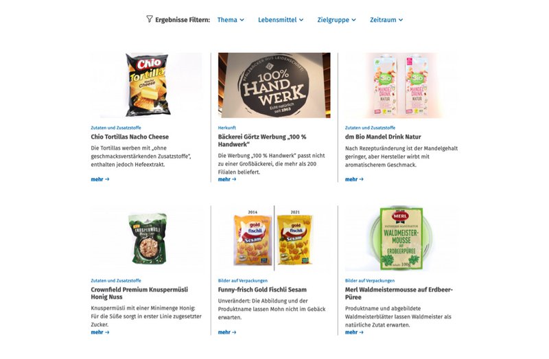 Lebensmittelklarheit Website Filter Produktsuche