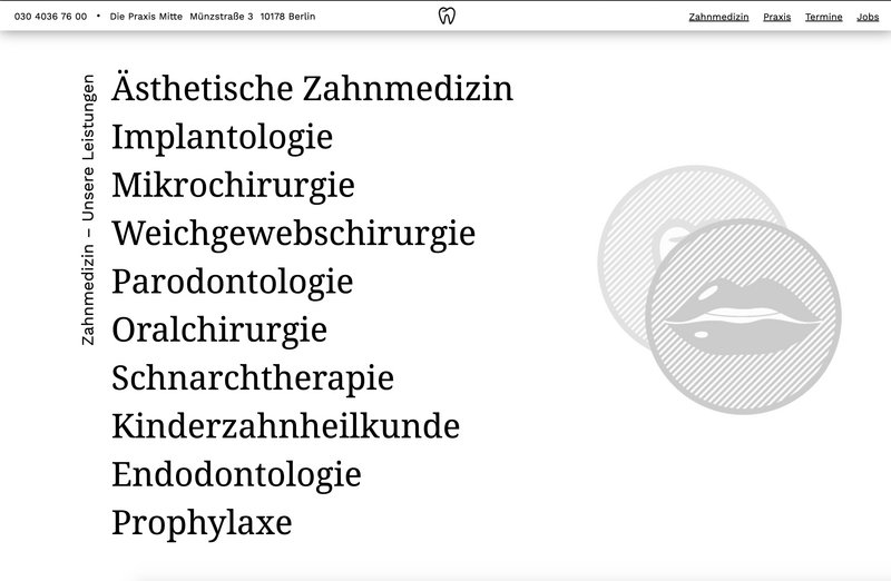 Praxis Mitte Website Zahnmedizin Seite