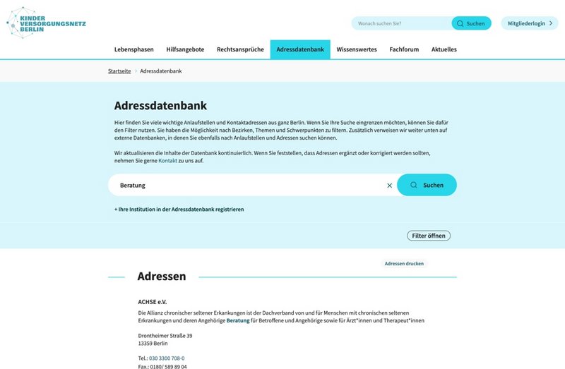 Kinderversorgungsnetz Website Adressdatenbank Seite