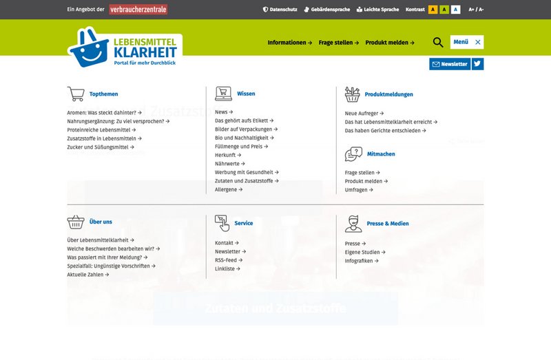 Lebensmittelklarheit Website Menü