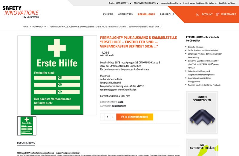 Safety Innovations Website Permalight Produkte Seite