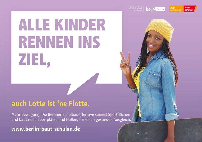 Berliner Schulbauoffensive Plakat mit Schülerin mit Scateboard