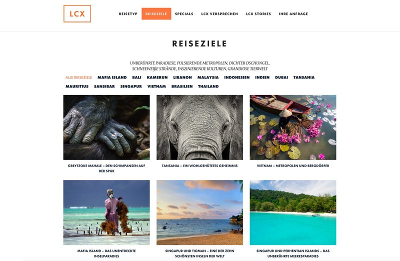 LCX Website Reiseziele Seite