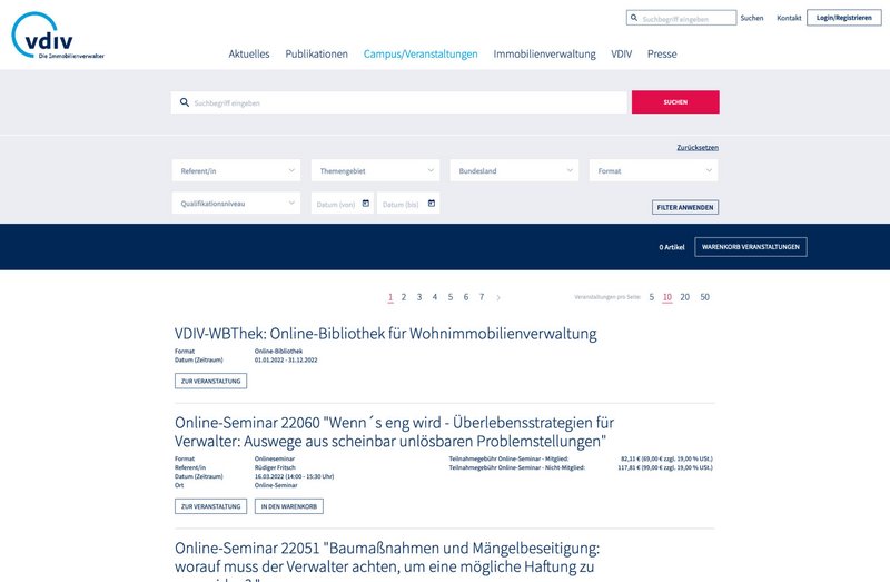 VDIV Website Campus Veranstaltungen Seite