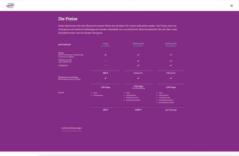 HUGE Website Preisübersicht